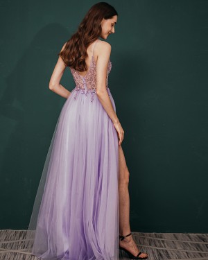 Lavender Spaghetti Straps Beading Tulle Prom Dress QS351053