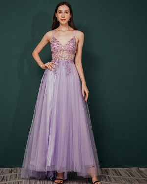 Lavender Spaghetti Straps Beading Tulle Prom Dress QS351053