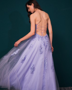 Spaghetti Straps Applique Blue Tulle Prom Dress with Side Slit QS361031