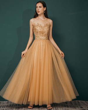 Jewel Neckline Beading Tulle Gold Pleated Prom Dress QS361044