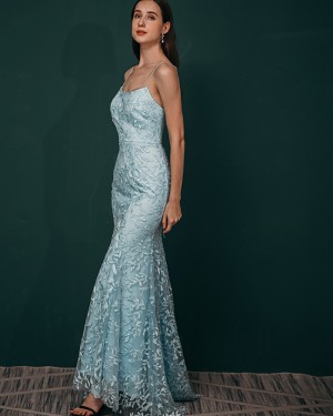 Spaghetti Straps Lace Sky Blue Mermaid Prom Dress QS361047