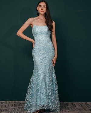 Spaghetti Straps Lace Sky Blue Mermaid Prom Dress QS361047