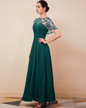 Jewel Beading Chiffon Dark Green Long Prom Dress with Cap Sleeves QS411052