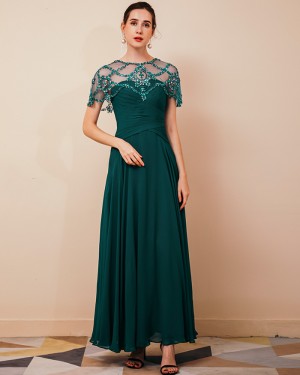 Jewel Beading Chiffon Dark Green Long Prom Dress with Cap Sleeves QS411052