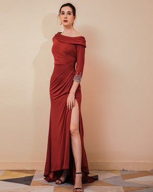 Burgundy Satin Side Slit Ruched Evening Dress with Beading Long Sleeves QS441050