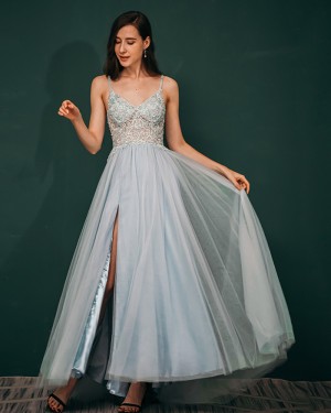 Light Blue V-neck Lace Bodice Tulle Prom Dress QS441055