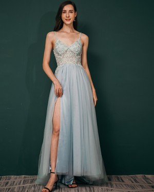 Light Blue V-neck Lace Bodice Tulle Prom Dress QS441055