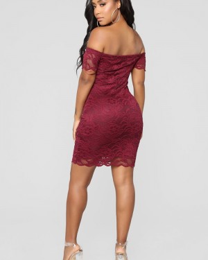 Off the Shoulder Burgundy Lace Tight Club Dress for Night Event 6070