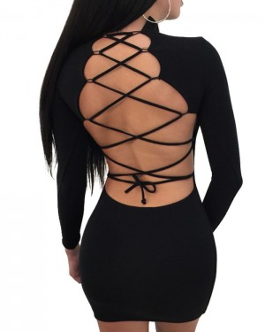High Neck Black Simple Black Bodycon Club Dress with Long Sleeves 9489