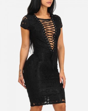 Black Crisscross Lace Knee Length Bodycon Club Dress with Short Sleeves 9566