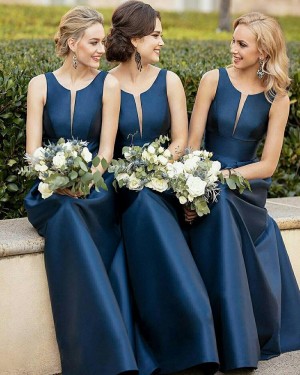 Navy Blue Scoop Neck Empire Mermaid Satin Bridesmaid Dress BD2004