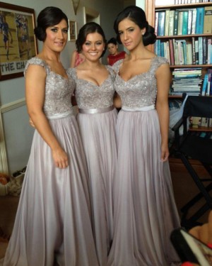 Queen Anne Appliqued Grey Chiffon Long Bridesmaid Dress BD2012