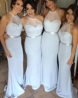 Light Blue Halter Sheer Bodice Mermaid Long Bridesmaid Dress BD2016