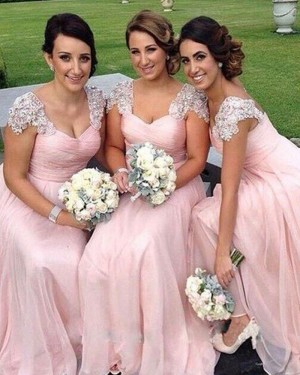 Pink Tulle Floor Length Ruched Bridesmaid Dress with Cap Sleeves BD2021