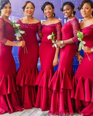 Red Beading Satin Off the Shoulder Mermaid Bridesmaid Dress with 3/4 Length Sleeves BD2023