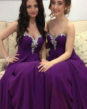 Long Purple Sweetheart Beading Ruched Bridesmaid Dress with Detachable Skirt BD2026