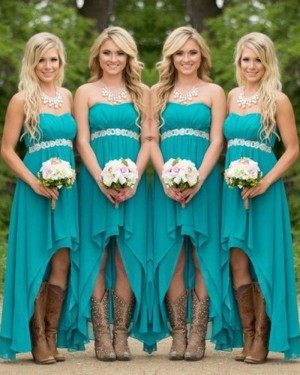 High Low Teal Chiffon Strapless Empire Bridesmaid Dress with Belt BD2031