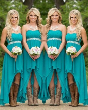 High Low Teal Chiffon Strapless Empire Bridesmaid Dress with Belt BD2031