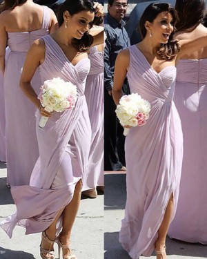 Long Lavender Ruched Chiffon One Shoulder Bridesmaid Dress with Slit BD2036