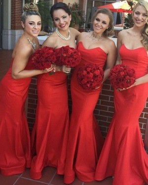 Simple Red Mermaid Sweetheart Satin Bridesmaid Dress BD2047