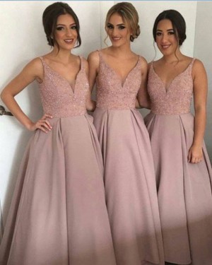 Blush Beading Bodice V-neck Satin Ball Gown Bridesmaid Dress BD2049