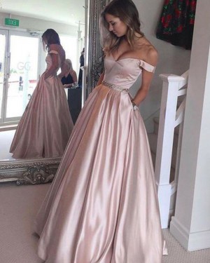 Satin Pink Long Off the Shoulder Ball Gown Formal Dress with Pockets BD2051