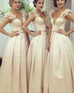 Satin Ivory Pleated Deep V-neck Ball Gown Bridesmaid Dress BD2052