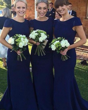 Blue Mermaid Simple Jewel Bridesmaid Dress with Cap Sleeves BD2054