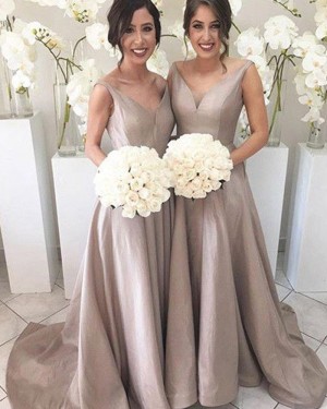 Simple Pleated Nude V-neck Floor Length Bridesmaid Dress BD2066