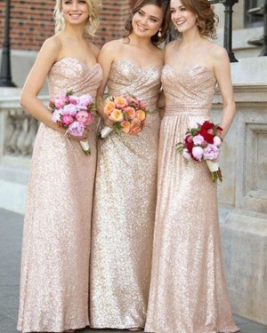 Long Ruched Gold Sweetheart Sequined Bridesmaid Dress BD2067