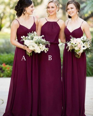 Long Chiffon Ruched Spaghetti Straps Burgundy Bridesmaid Dress BD2068