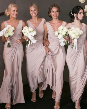 Long Chiffon Dusty Pink V-neck Ruched Bridesmaid Dress BD2071