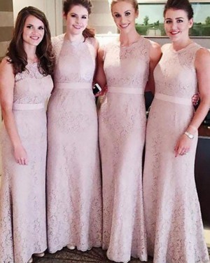 Jewel Long Sheath Lace Nude Lace Bridesmaid Dress with Belt BD2072