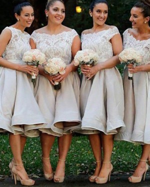 Off the Shoulder Knee Length Lace Bodice Grey Satin Bridesmaid Dress BD2080