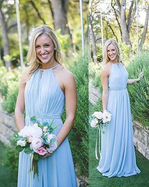 Long Chiffon Blue Halter Ruched Bridesmaid Dress BD2082