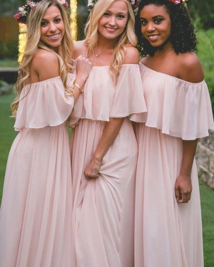 Long Bohemian Off the Shoulder Pink Chiffon Bridesmaid Dress BD2083