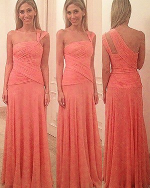 Long One Shoulder Coral Ruched Bridesmaid Dress BD2084