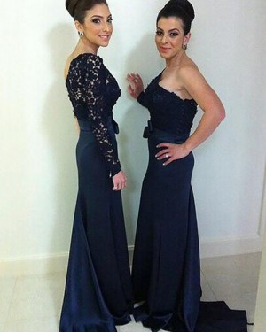 Navy Blue One Shoulder Lace Bodice Mermaid Bridesmaid Dress with Long Sleeve BD2093