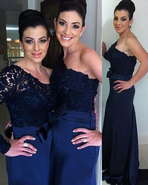 Navy Blue One Shoulder Lace Bodice Mermaid Bridesmaid Dress with Long Sleeve BD2093