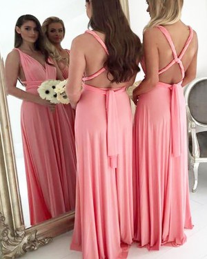 Long Convertible V-neck Pink Chiffon Bridesmaid Dress BD2094