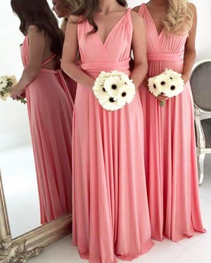 Long Convertible V-neck Pink Chiffon Bridesmaid Dress BD2094