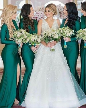 Long Sleeve V-neck Green Satin Mermaid Bridesmaid Dress with Slit BD2102