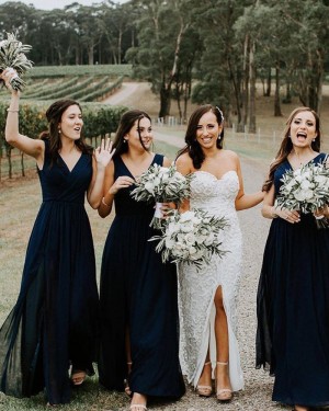 Simple Navy Blue Chiffon V-neck Ruched Bridesmaid Dress with Side Slit BD2113