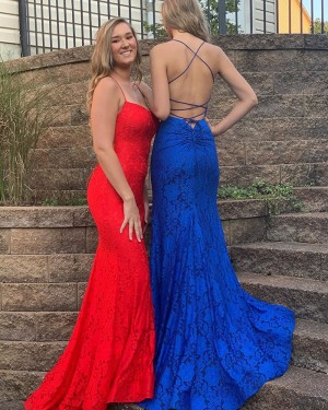 Red Lace Mermaid Spaghetti Straps Prom Dress BD2117