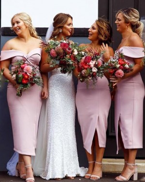 Off the Shoulder Tea Length Satin Bridesmaid Dress with Side Slit BD2124