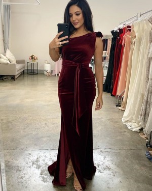 Burgundy Mermaid One Shoulder Velvet Bridesmaid Dress with Side Slit BD2134