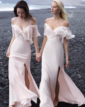 Cold Shoulder Mermaid Chiffon Light Pink Bohemian Bridesmaid Dress with Side Slit BD2142