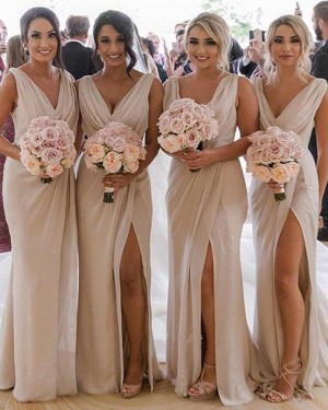 Sheath Chiffon Ruched Nude Bridesmaid Dress with Side Slit BD2143