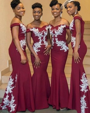 Burgundy Off the Shoulder Appliqued Mermaid Satin Bridesmaid Dress BD2150