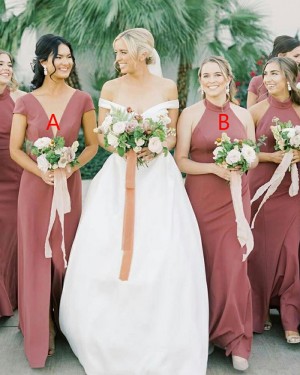 A-line V-neck Satin Simple Bridesmaid Dress with Middle Slit BD2155